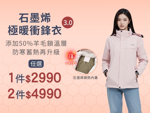 石墨烯極暖衝鋒衣3.0一件$2990兩件$4990