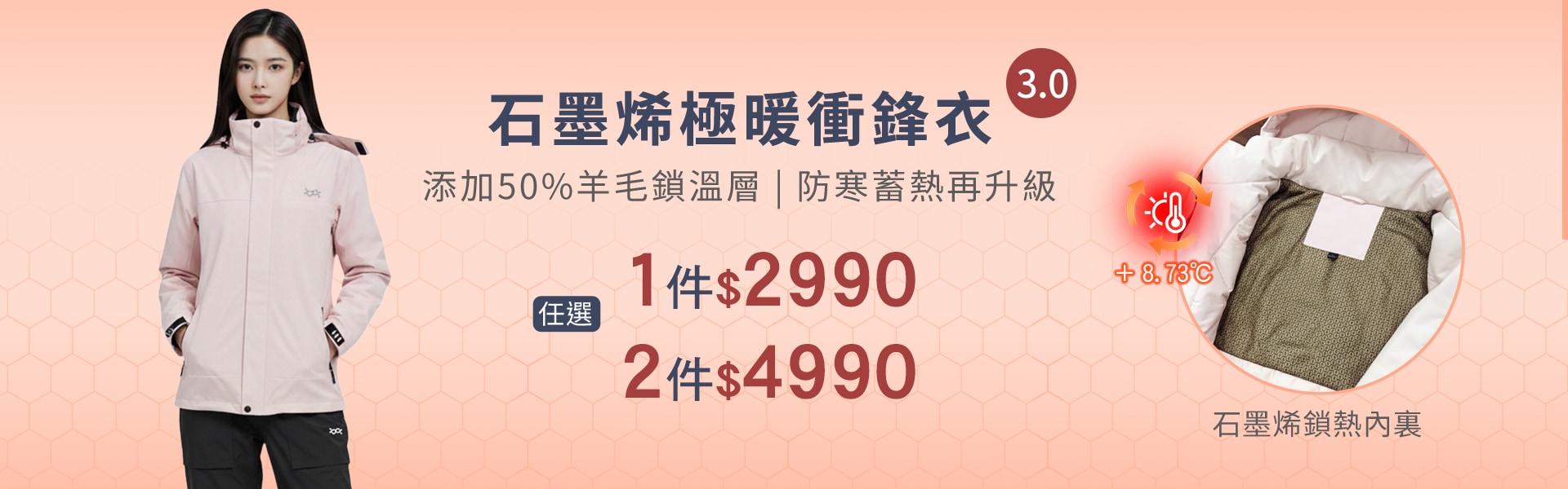 石墨烯極暖衝鋒衣3.0任選1件$2990/2件$4990
