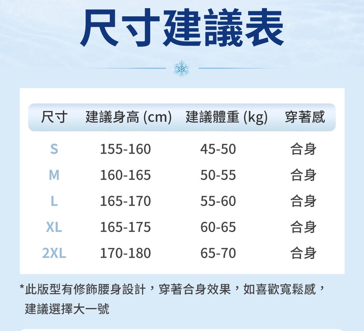 UPF50+防曬涼感冰霸衣2.0 尺寸建議