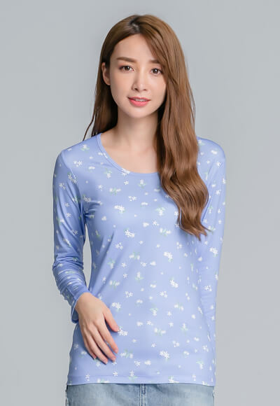 清新白花溫灸刷毛圓領發熱衣(天空藍 女S-2XL) 清新白花溫灸刷毛圓領發熱衣(天空藍 女S-2XL)