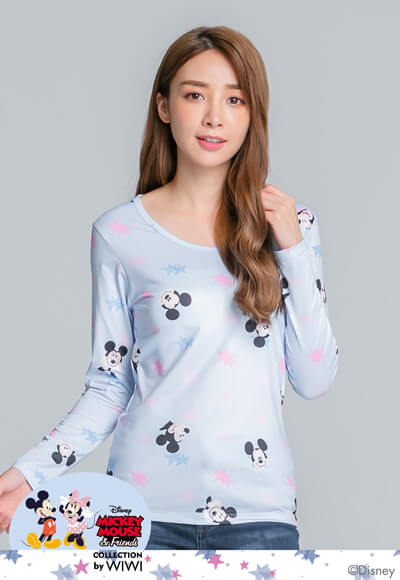 星辰米奇溫灸刷毛圓領發熱衣(天空藍 女S-2XL) 星辰米奇溫灸刷毛圓領發熱衣(天空藍 女S-2XL)